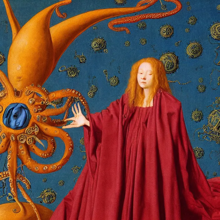 Image similar to a closeup portrait of a cloaked woman floating next to an octopus nebula, octopus nebula, by jan van eyck