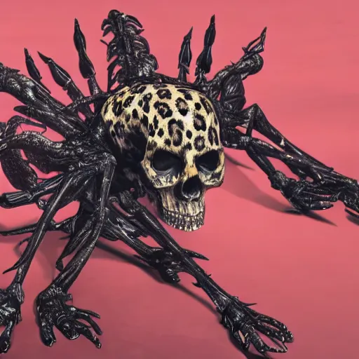 Image similar to Skull that look too much like skull!, crypt lurker!!, 8k CG character rendering of a spider-like hunting female on its back, fangs extended, wearing a leopard-patterned dress, set against a white background, with textured hair and skin.