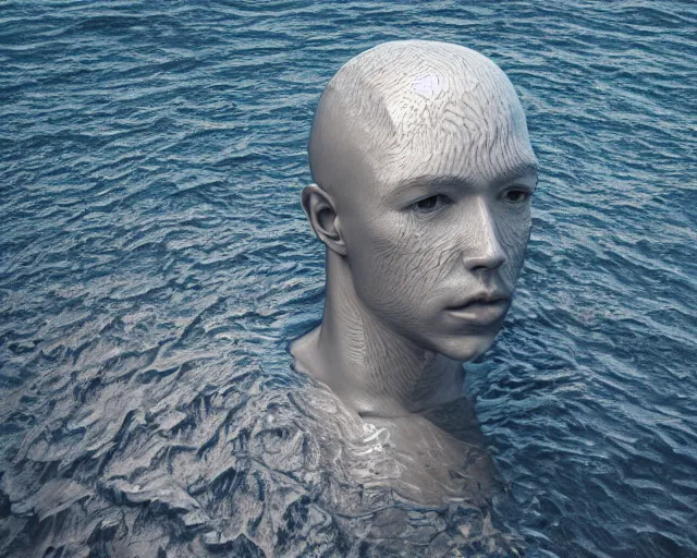 Prompt: a long shot of a giant human head award winning sculpture on the surface of the ocean, in the style of chad knight, hyper detailed, hyper realistic, ray tracing, 8 k resolution, sharp focus