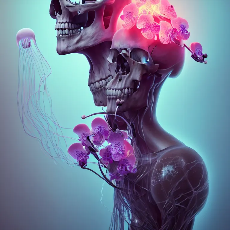 Image similar to portrait of skull and orchids, bio luminescent jellyfish, intricate artwork by Tooth Wu and wlop and beeple. octane render, trending on artstation, greg rutkowski very coherent symmetrical artwork. cinematic, hyper realism, high detail, octane render, 8k