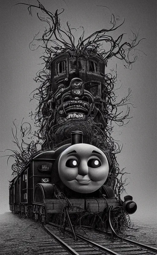 Image similar to thomas the tank engine in style of zdzisław beksinski, extremely dramatic lighting, 8 k, tendrils, black, darkness, black slime tendrils, infected, rust, body horror, thomas the train, thomas the tank engine face, horror,