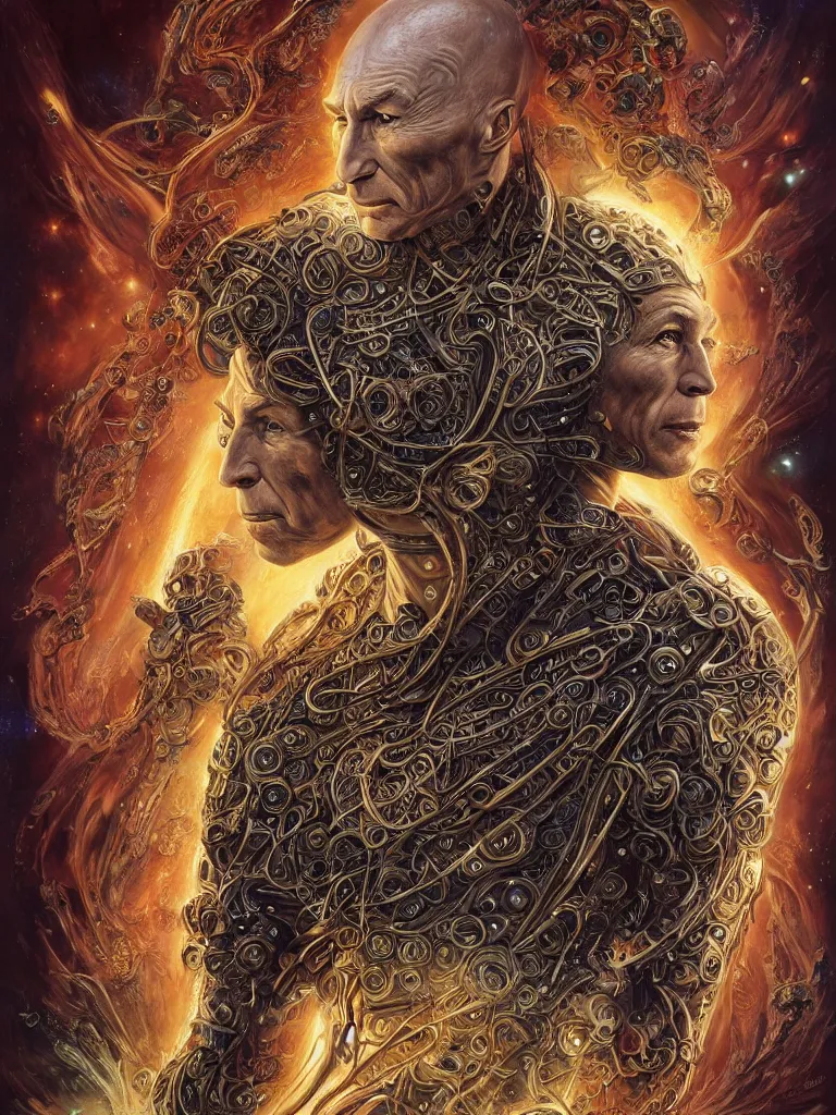 Image similar to fullbody portrait. very complex hyper-maximalist overdetailed cinematic cosmic scifi portrait of an elegant very attractive Captain Picard of the universe by andrei riabovitchev, tomasz alen kopera, oleksandra shchaslyva and peter morbacher. Extremely ornated and decorative. Fancy luxury beautiful. Omnious intricate. Secessionist portrait illustration. Goddess of the sky. Focus on face. Artstation. Deviantart. 8k 4k 64megapixel. Rendered by binx.ly.