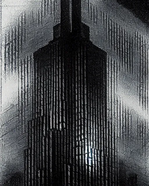 Prompt: Thalassophobia. Lovecraftian deep sea horror. image in the style of Hugh Ferriss. Black and dark blue. Tall, wide, imposing building in a dramatically lit metropolis. eerie. incomprehensible size. Thalassophobia. Lovecraftian deep sea horror.