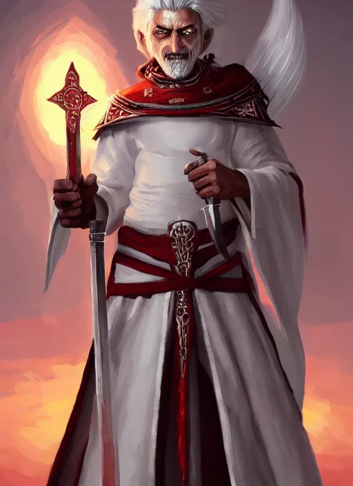 Prompt: a highly detailed illustration of sadistic white haired tanned african priest wearing white robe with red cross design, wielding divine bloody sword, evil smirk, gothic church background, intricate, elegant, highly detailed, centered, digital painting, artstation, concept art, smooth, sharp focus, league of legends concept art, wlop