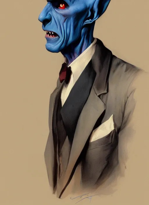 Image similar to upper body portrait of blue-faced nosferatu in a suit, by leyendecker and norman rockwell, photoreal, character concept art, artstation