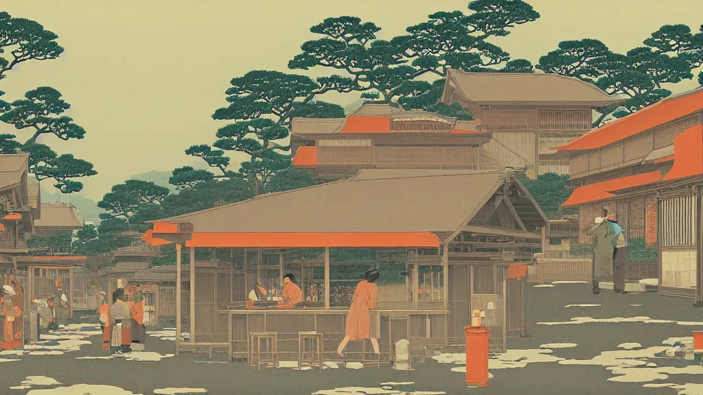 Image similar to There was a bar that ran out of water, everyone was thirsty and was drinking orange juice and other soft drinks to satiate their thirst, screen print by Kawase Hasui and dan hillier, 8k unreal engine