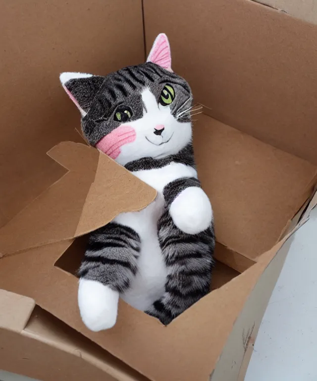 Image similar to a cat plushie in a cardboard box