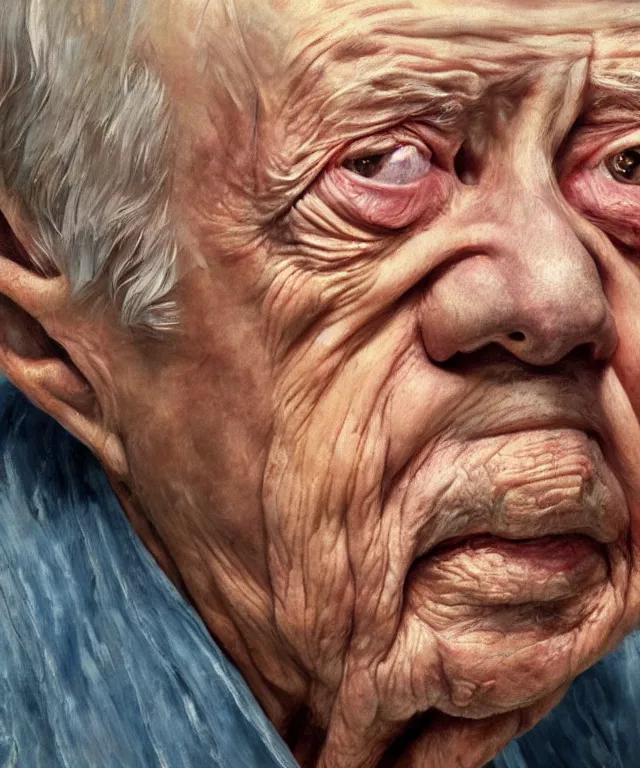 Image similar to hyperrealistic close up studio portrait of aging old Jimmy Carter age 103 wrinkled sorrowful, oil painting by Ivan Albright and Lucian Freud and Ron Mueck, trending on artstation Studio lighting hyperrealism