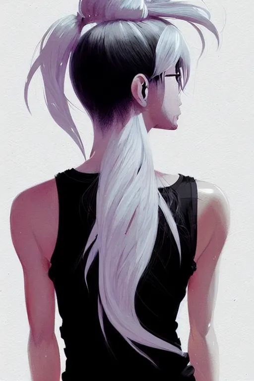 Image similar to a ultradetailed beautiful painting of a stylish woman in with white hair in a ponytail, she is wearing a black tank top, by conrad roset, greg rutkowski and makoto shinkai trending on artstation