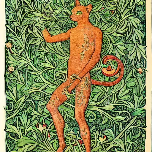 Prompt: colourful green man cat by walter crane and william morris, 8 k, artstation