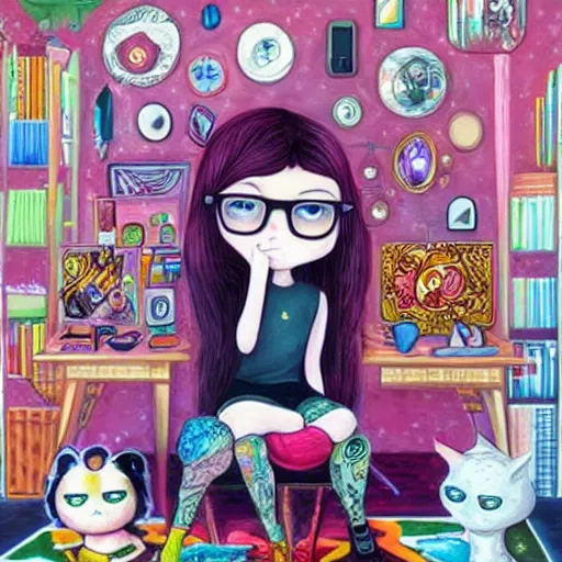 Image similar to lonely goth nerd sitting in cluttered room alone, by jeremiah ketner, aesthetic!!!, detailed, realistic, hyper realism, small details, goth aesthetic,