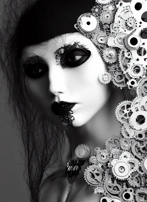Prompt: black and white dreamy foggy poetic smoky profile face portrait, one silver steampunk realistic eye biomechanical beautiful angelic young female cyborg - robot bust, body ribs meshes,, volumetric light, hibiscus flowers, rim light, big gothic fashion pearl embroidered collar, 1 9 3 0, 8 k