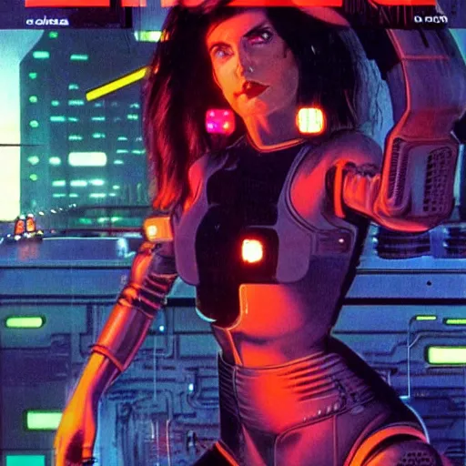 Image similar to cable plugged into cyberdeck, right temple, cyberpunk woman, computer, 1 9 7 9 omni magazine cover, style by vincent di fate, cyberpunk 2 0 2 0