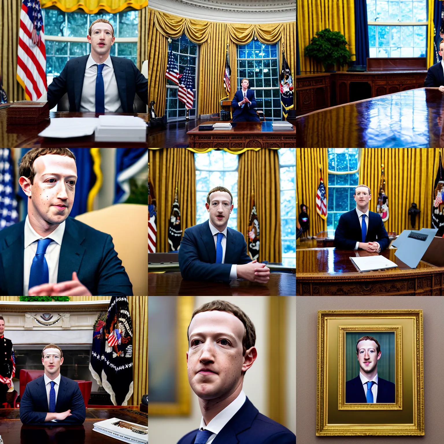 Prompt: headshot of Mark Zuckerberg the president of the united states in the oval office, movie still, EOS-1D, f/1.4, ISO 200, 1/160s, 8K, RAW, unedited, symmetrical balance, in-frame, Photoshop, Nvidia, Topaz AI