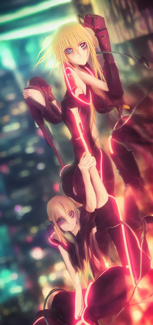 Image similar to annie leonhart and lelouch lamperouge and asuka langley in a neon city, octane render 8 k, photorealistic render, atmospheric render, beautiful face, cute, realistic skin, redshift render