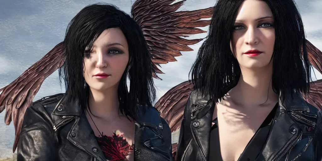 Image similar to a woman with black hair and a leather jacket with phoenix wings, character portrait, unreal engine 5, intricate, detailed, realistic, masterpiece