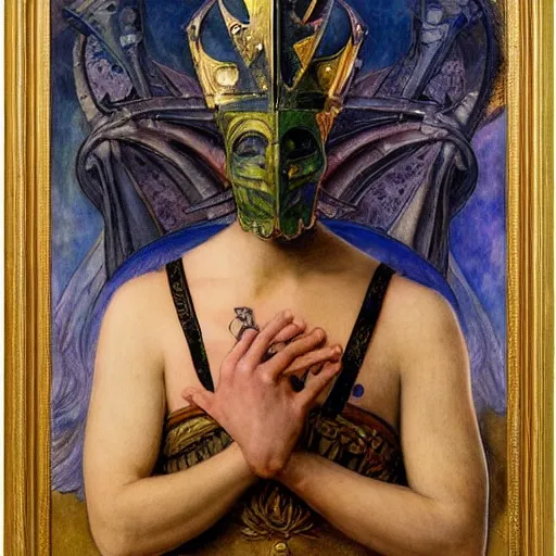 Image similar to the masked prince wearing the plasma crown, by Annie Swynnerton and Diego Rivera and Elihu Vedder, symbolist, dramatic lighting, elaborate geometric ornament, tattoos, Art Brut, soft cool colors,smooth, sharp focus, extremely detailed, Adolf Wölfli and Donato Giancola