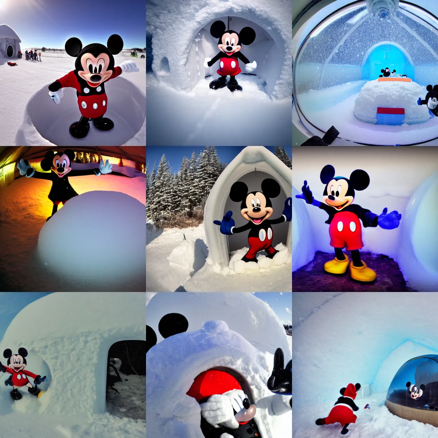 Prompt: A photograph taken with a GoPro of Mickey Mouse inside an igloo