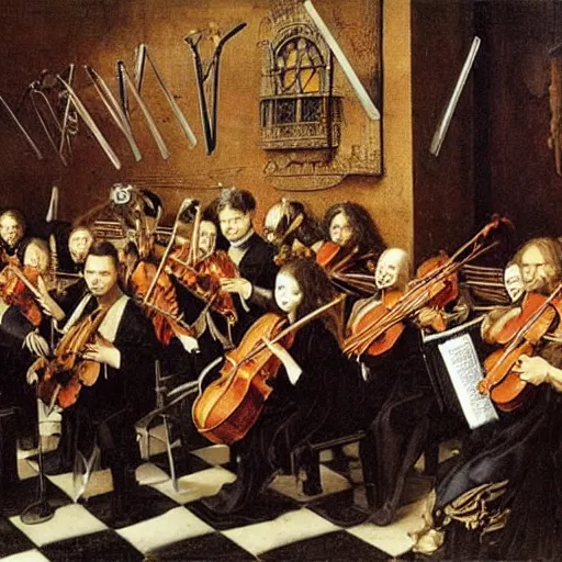 Image similar to orchestral concert art by albrecht durer and banksy