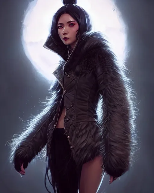 Image similar to fur - lined dragonhide jacket!!! beautiful and elegant female!! gorgeous ayes!! character concept art, sharp focus, illustration, artgerm!! greg rutkowski! wlop!! ilya kuvshinov!! marc brunet!! octane render! unreal engine 5! highly rendered!! trending on artstation!! cgi vfx!