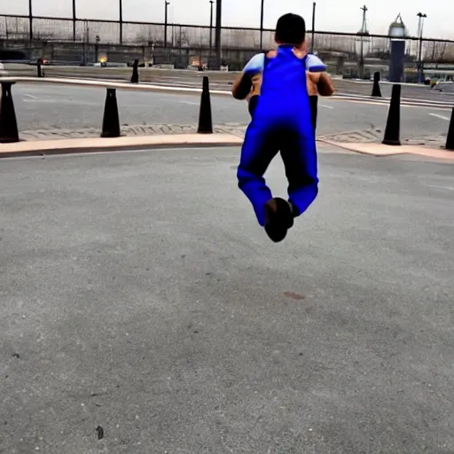 Prompt: Mario backwards long jumping into the Pentagon.