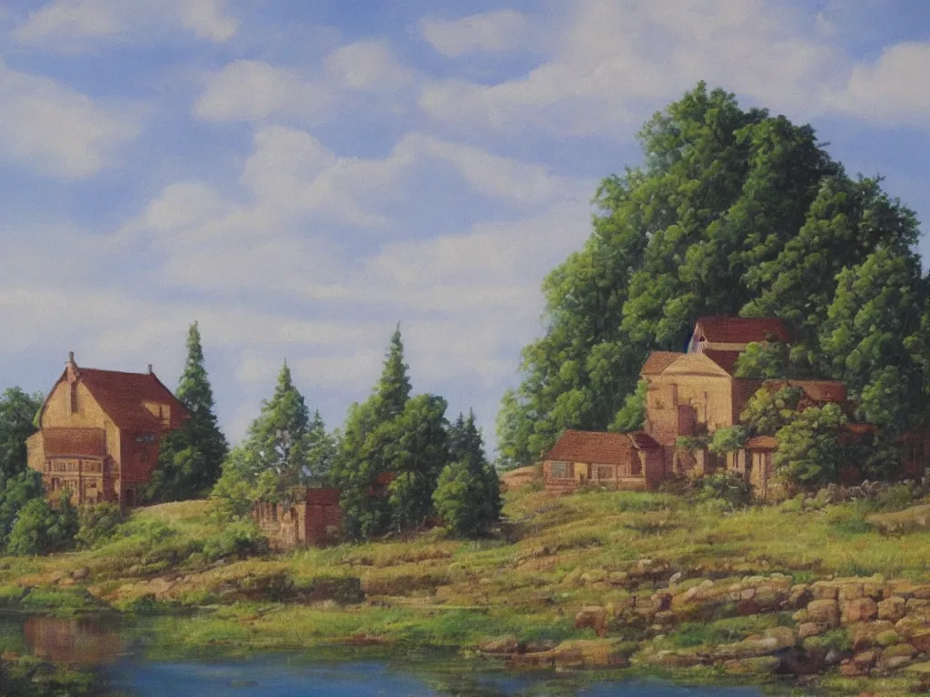 Prompt: A beautiful painting of a building in a serene landscape, magic realism