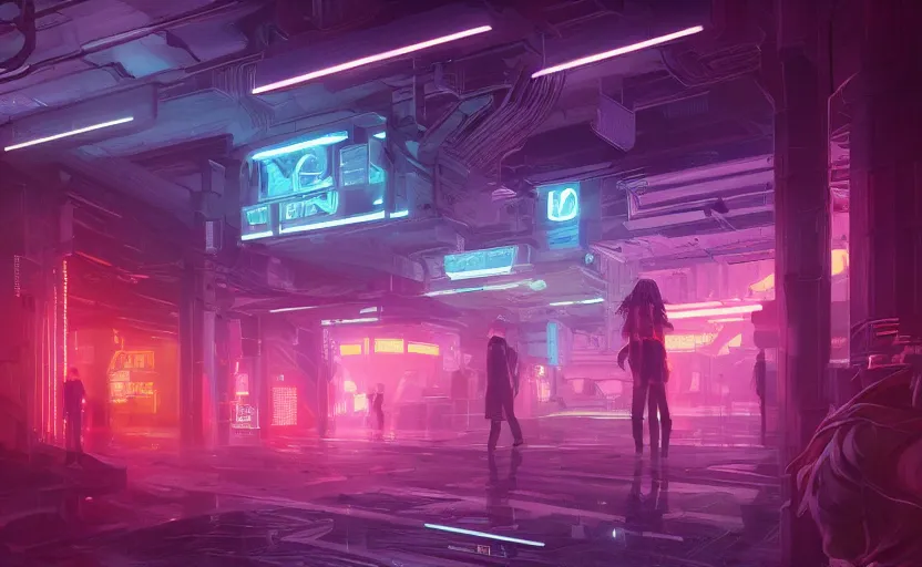 Prompt: playing area, indoor, neon lights, cyberpunk, highly detailed, digital painting, architecture, artstation, concept art, sharp focus, illustration