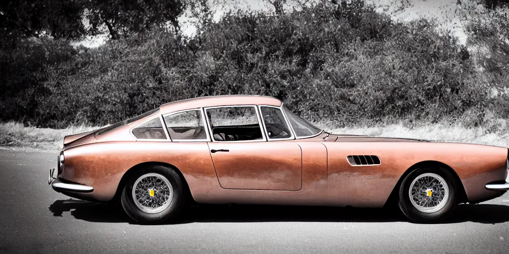 Image similar to photograph, 1958 FERRARI 250 GT, copper paint, by Peter Singhof, press release, cinematic, malibu canyon, 8k, depth of field, bokeh. rule of thirds