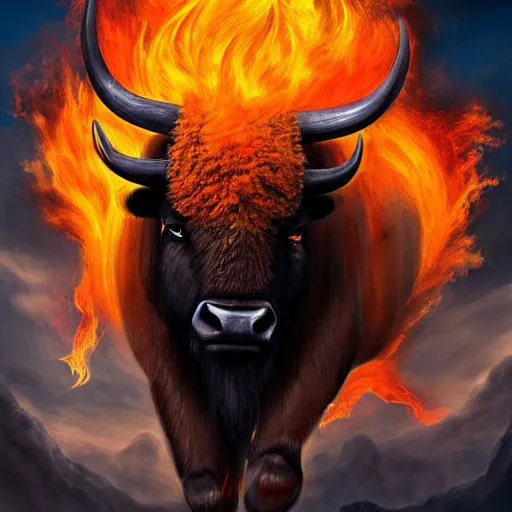 Prompt: A large black bison with fiery eyes, Bison God, Ancient