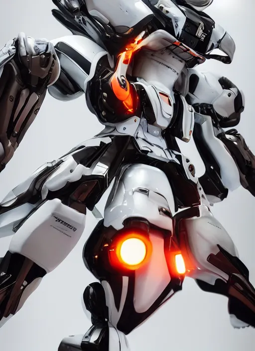 Image similar to a Photorealistic dramatic hyperrealistic full frame render of a Sleek futuristic exosuit Freedom Formula Racing Mech,Ultra realistic details,glossy white metal,Orange racing stripes,weathered surfaces,by Hidetaka Tenjin,Yoh Yoshinori,Yoji Shinkawa,Masamune Shirow,Beautiful dramatic dark moody tones and lighting,cinematic atmosphere,studio lighting,shadows,dark background, Octane render,8K