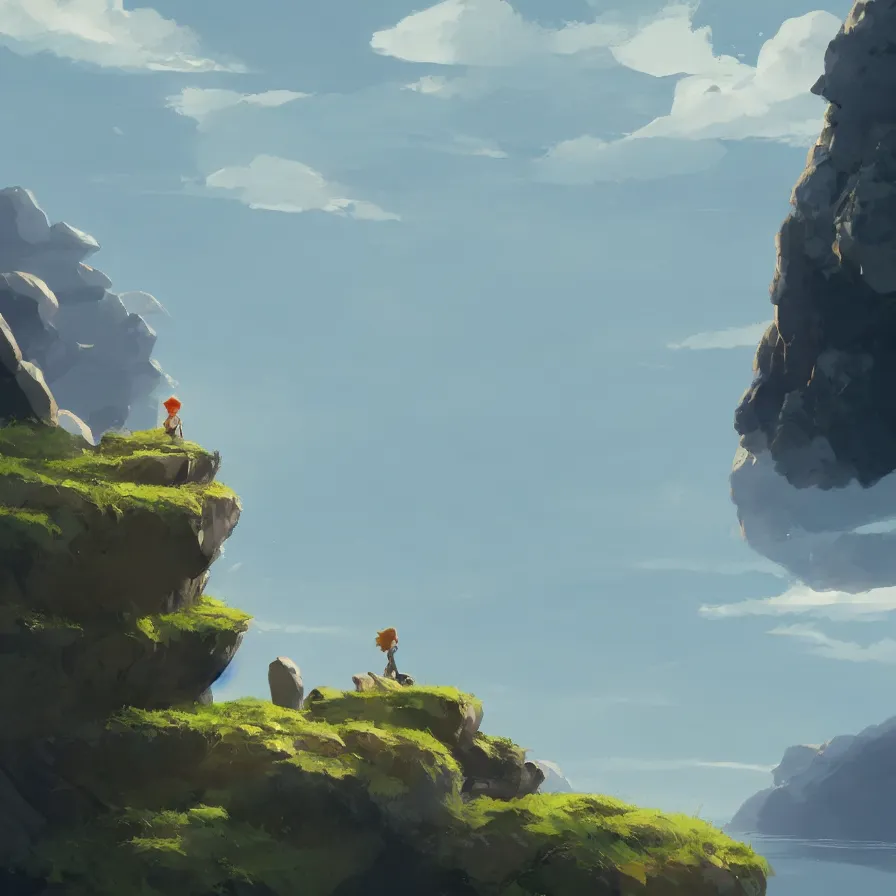 Prompt: Image from afar, man looking from the top of a large rock cliff, the sea hits the large stones hard, the clouds let through subtle rays of light, ilustration art by Goro Fujita, concept art, smooth, sharp focus, ArtStation