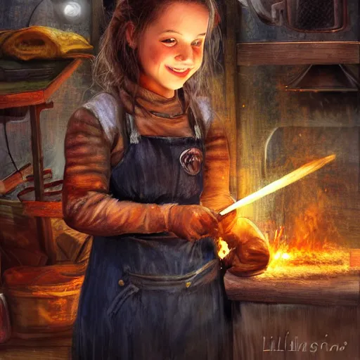 Image similar to the blacksmits’ daughter, working in the forge, a smile at her face, fantasy art in the style of Lilia Alvarado,