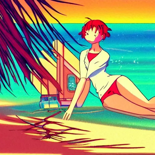 Image similar to girl laying in the sand next to ocean in sunset, sprite, vaporwave nostalgia, directed by beat takeshi, visual novel cg, 8 0 s anime vibe, kimagure orange road, maison ikkoku, initial d, sketch by osamu tezuka, directed by hideki anno