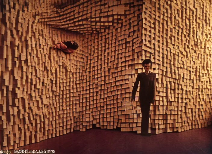 Prompt: realistic photo portrait of the a human computer made of wooden fragments levitating in the living room wooden walls 1 9 9 0, life magazine reportage photo