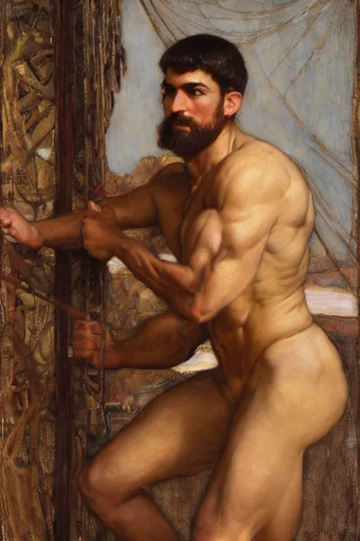 Prompt: muscular botanist man, orientalist intricate portrait by john william waterhouse and edwin longsden long and theodore ralli and nasreddine dinet, hyper realism, dramatic lighting