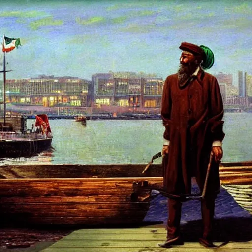 Prompt: painting of sailor hobo hyperrealism vasily vereshchagin at harbor steamboat