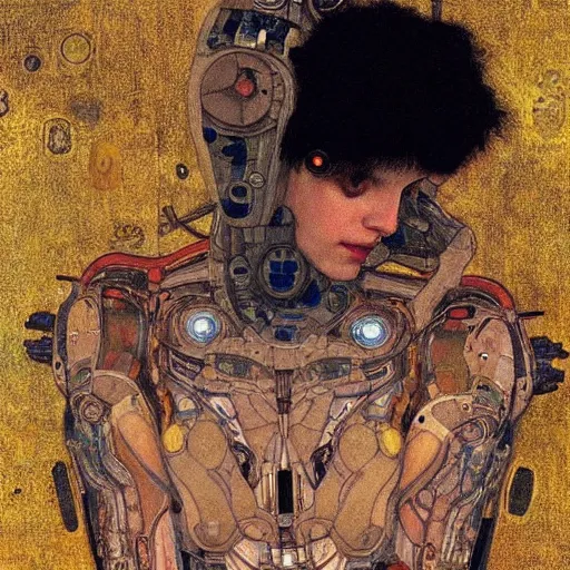 Prompt: Portrait of a Cyborg from Ghost in the shell by Gustav Klimt, cyberpunk noir, baroque element, intricate artwork by caravaggio, aesthetic, masterpiece