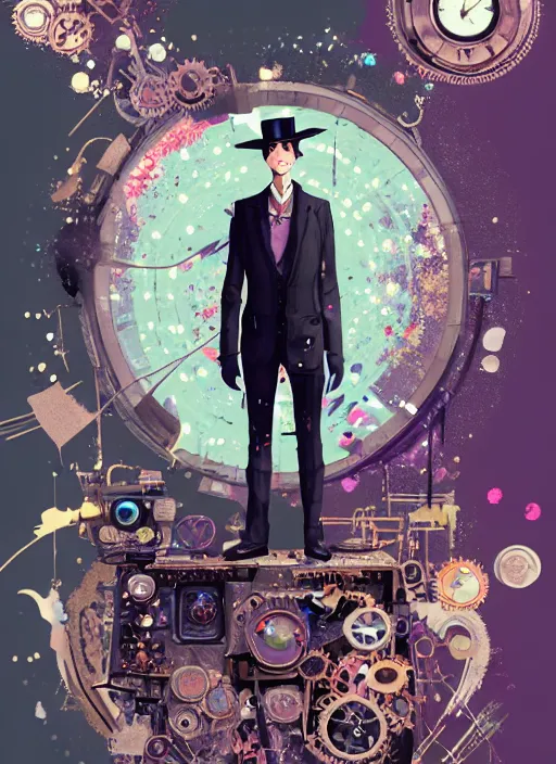 Image similar to arrogant elegant man travels through time via steampunk portals, pixiv fanbox, dramatic lighting, maximalist pastel color palette, splatter paint, pixar and disney exploded - view drawing, graphic novel by fiona staples and dustin nguyen, peter elson, alan bean, wangechi mutu, clean cel shaded vector art, trending on artstation