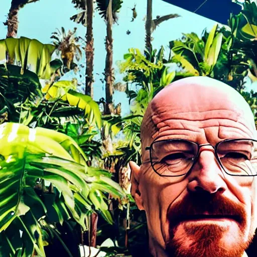 Prompt: walter white selfie at indoor water park with tropical plants