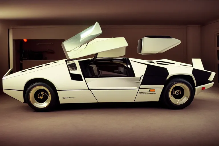 Image similar to designed by john delorean stylized poser of a single 1 9 8 6 lamborghini countach ( ( delorean ) ) ford gt 4 0, large led lights, ektachrome photograph, volumetric lighting, f 8 aperture, cinematic eastman 5 3 8 4 film