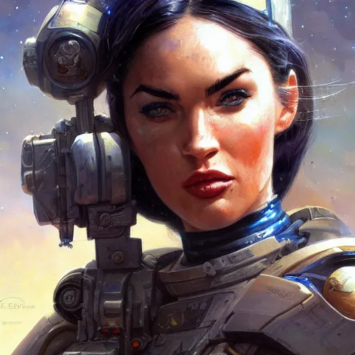 Image similar to Megan Fox as a space soldier, closeup character art by Donato Giancola, Craig Mullins, digital art, trending on artstation