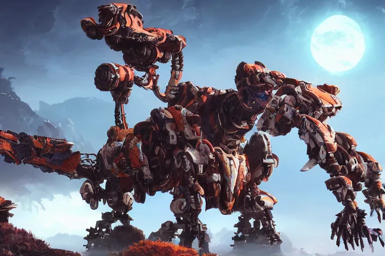 Image similar to thunderjaw machine mecha animal beast robot of horizon forbidden west horizon zero dawn bioluminiscence global illumination ray tracing hdr fanart arstation by sung choi and eric pfeiffer and gabriel garza and casper konefal