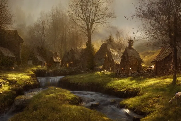 Image similar to a medieval farm with a stream in a forested valley by jessica rossier and brian froud cinematic painting