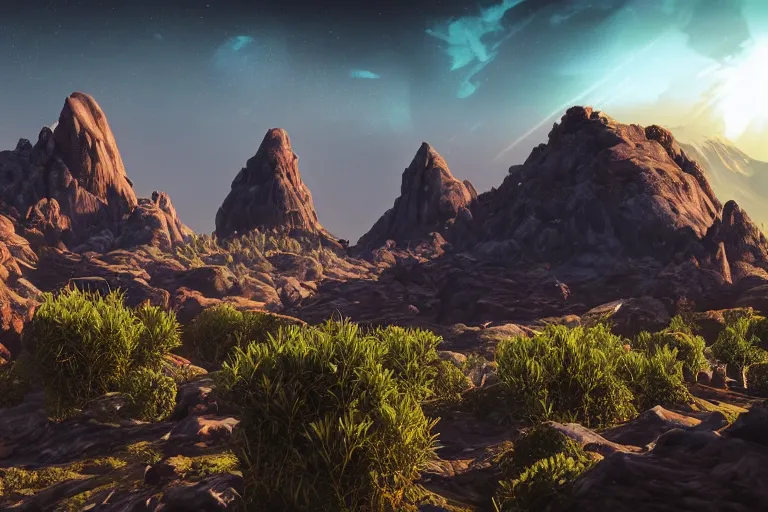 Image similar to an alien landscape featuring towering mountains, strange plants, and an otherworldly sky, 4 k photorealism