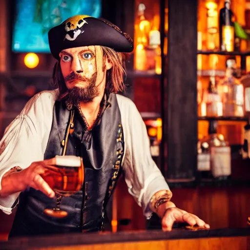 Prompt: a high quality portrait of a pirate bartender in a cyberpunk cyberpunk cyberpunk cafe, realism, 8k, award winning photo