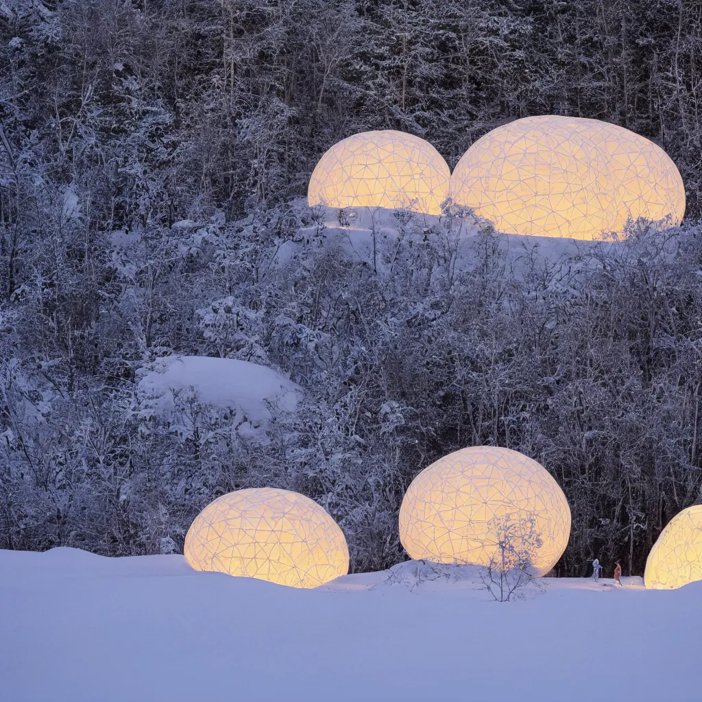 Prompt: A night photo of a glowing inflatable geodesic house made of clear plastic sheeting. The house is made of 3 inflated bubbles. The bubble house glows from within with warm light. A family is playing in the snow. The inflated bubble house is at the edge of a snowy winter forest. Close up detailed shot, coronarender, 8k, photorealistic