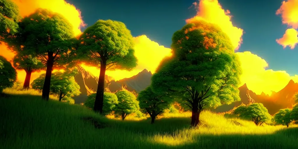 Prompt: a beautiful 3 d fantasy landscape art, orange clouds in the blue sky and green trees, snowy mountains, 3 d art, unreal engine 5, hyper realism