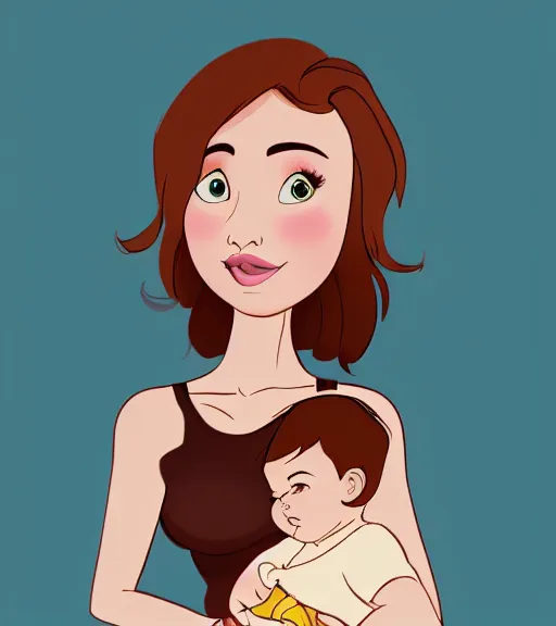 Image similar to a mother with short shoulder length dark auburn hair, short and curvy and a slightly chubby face holding her infant son with short brown hair full color digital illustration in the style of don bluth, artgerm, artstation trending, 4 k