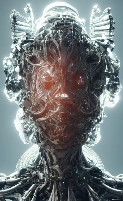 Image similar to beautiful impish biomechanical incredible technological hair, masterpiece crystalline incrustations, hyperdetailed face, elegant pose, movie still, intricate, octane render, cinematic lighting, cgsociety, unreal engine,