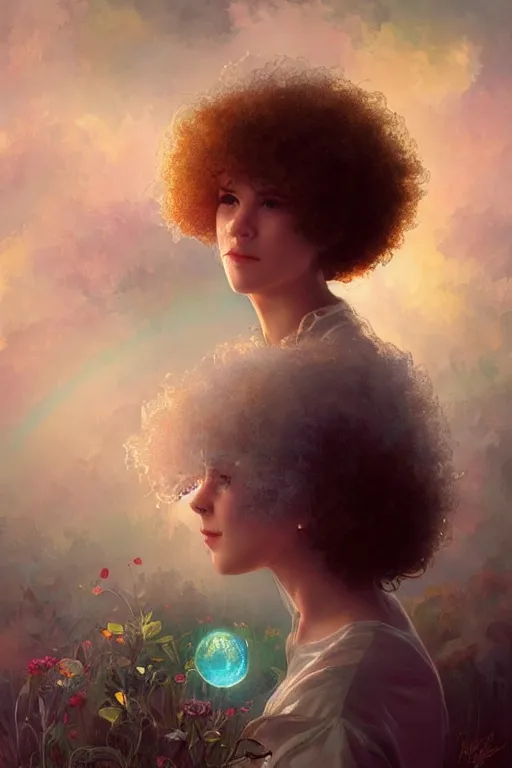 Image similar to bob ross, dreamy and ethereal,, fantasy, intricate, elegant, rainbow bubbles, highly detailed, digital painting, artstation, concept art, smooth, sharp focus, illustration, art by artgerm and greg rutkowski and alphonse mucha